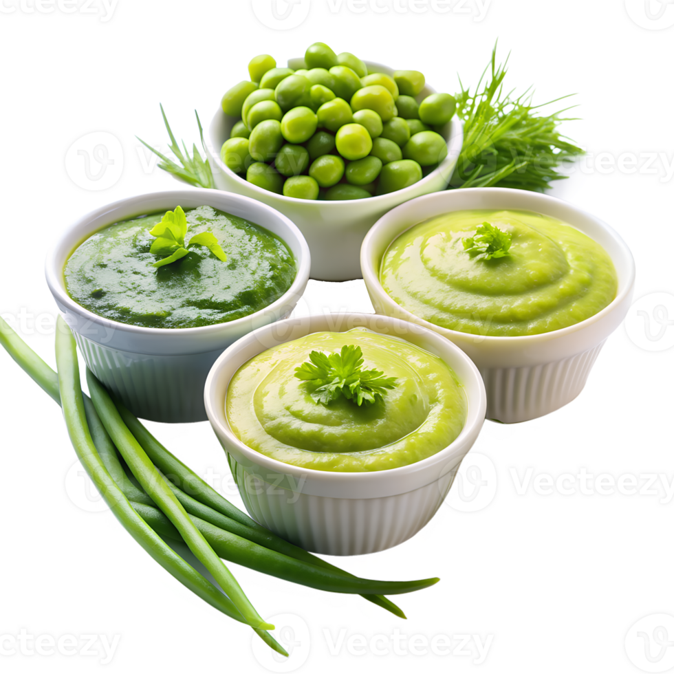 Three bowls of green pea puree garnished with greenery, accompanied by fresh peas and green onions on a white background. png