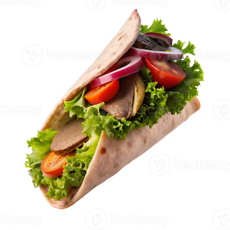 Fresh gyro sandwich with lettuce, tomato, red onion, and meat in pita bread, isolated on a white background. png