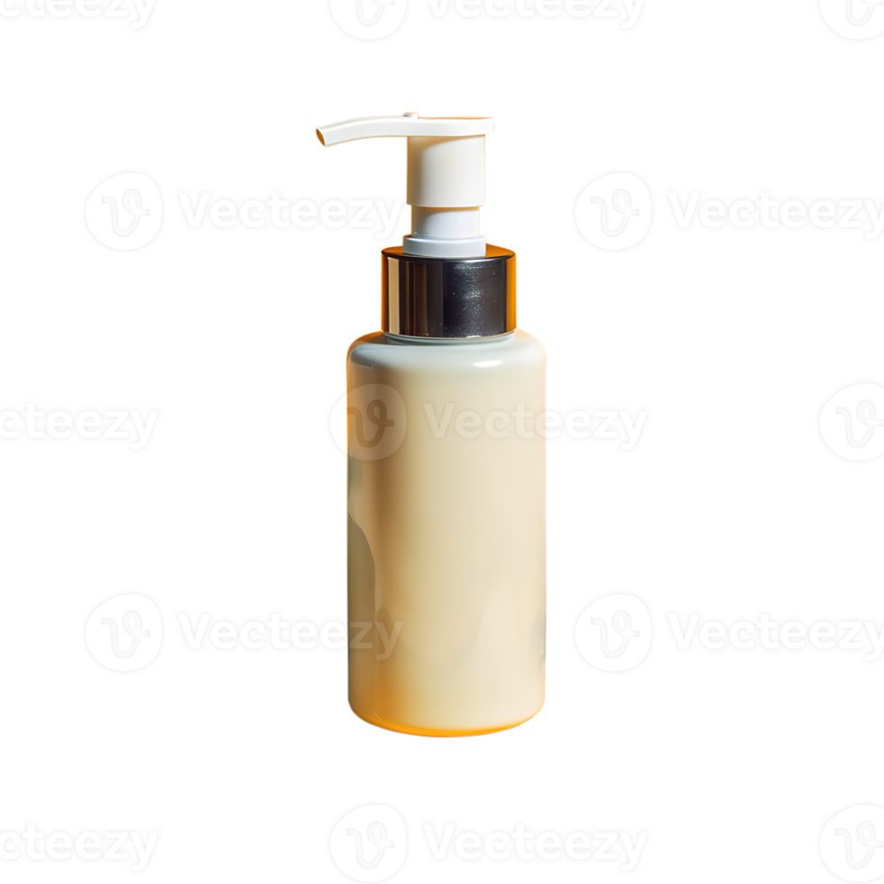 A plastic pump bottle filled with liquid, ideal for packaging lotion, soap, or skincare products. Isolated on a clean background. png