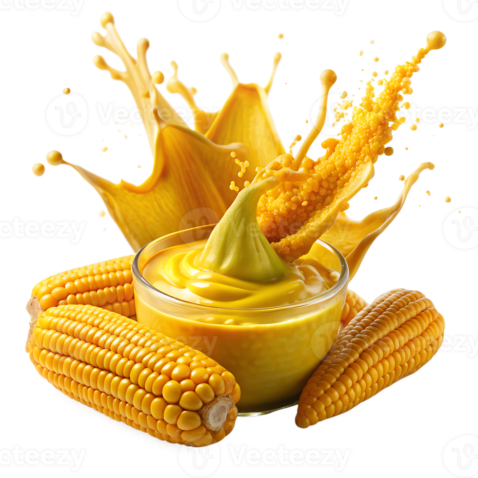Fresh corn with a splash of creamy mustard sauce, captures the vibrant mix of flavors and textures in a delicious culinary presentation. png