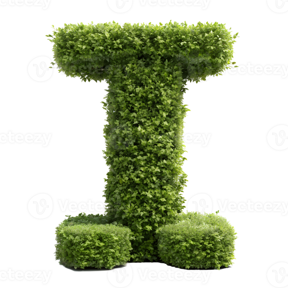 Green leafy letter I shaped topiary bush isolated on white background, perfect for eco-friendly design and gardening concepts. png