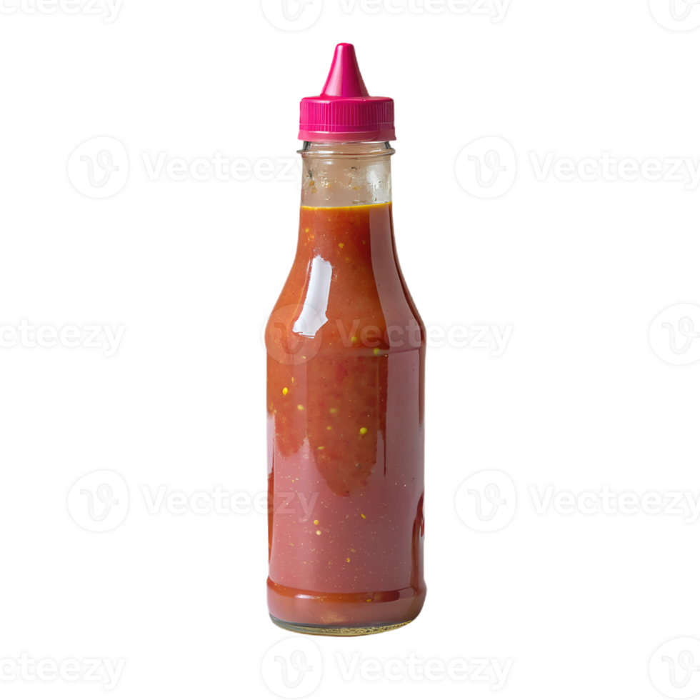 A clear glass bottle filled with red hot chili sauce, topped with a pink nozzle cap, isolated on a white background. png