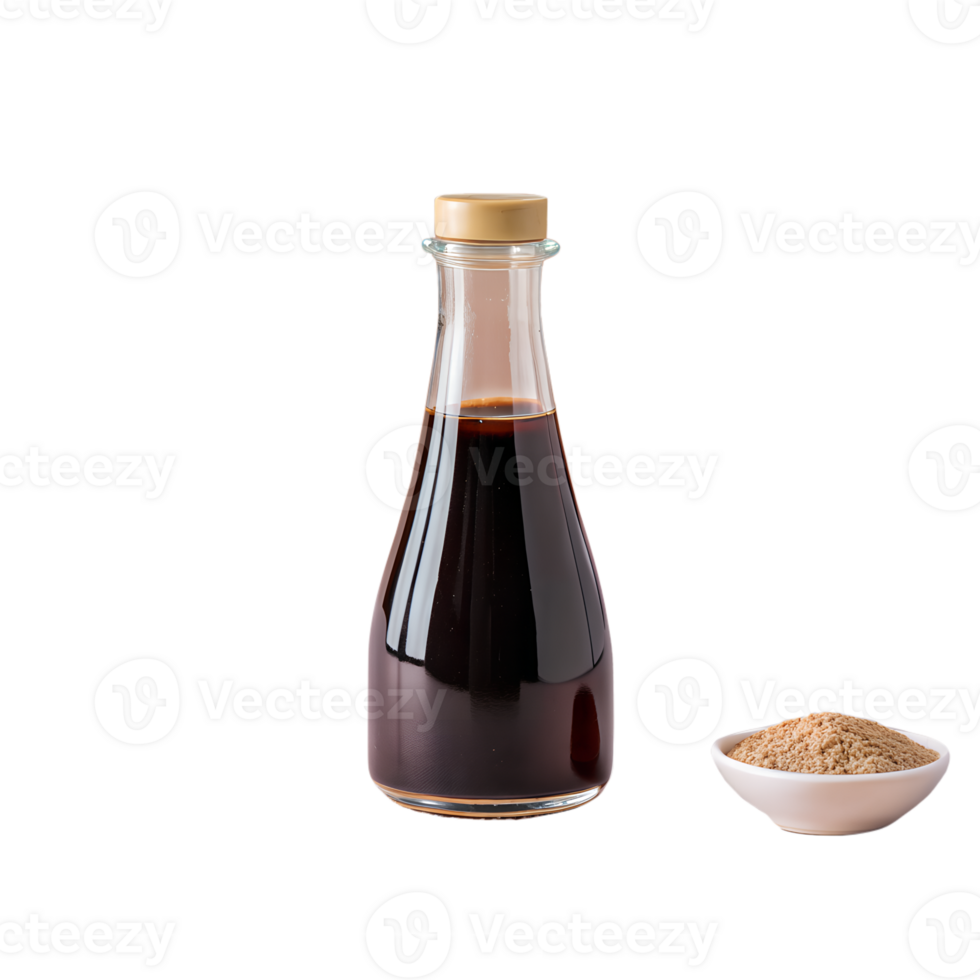 Close-up of a glass bottle filled with dark liquid next to a small bowl of brown powder, isolated on a white background. png