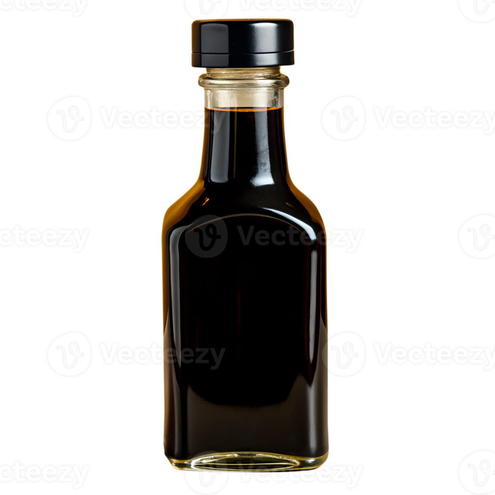 Clear glass bottle with black liquid, isolated on white background. Ideal for product, beverage, or medical container concepts. png