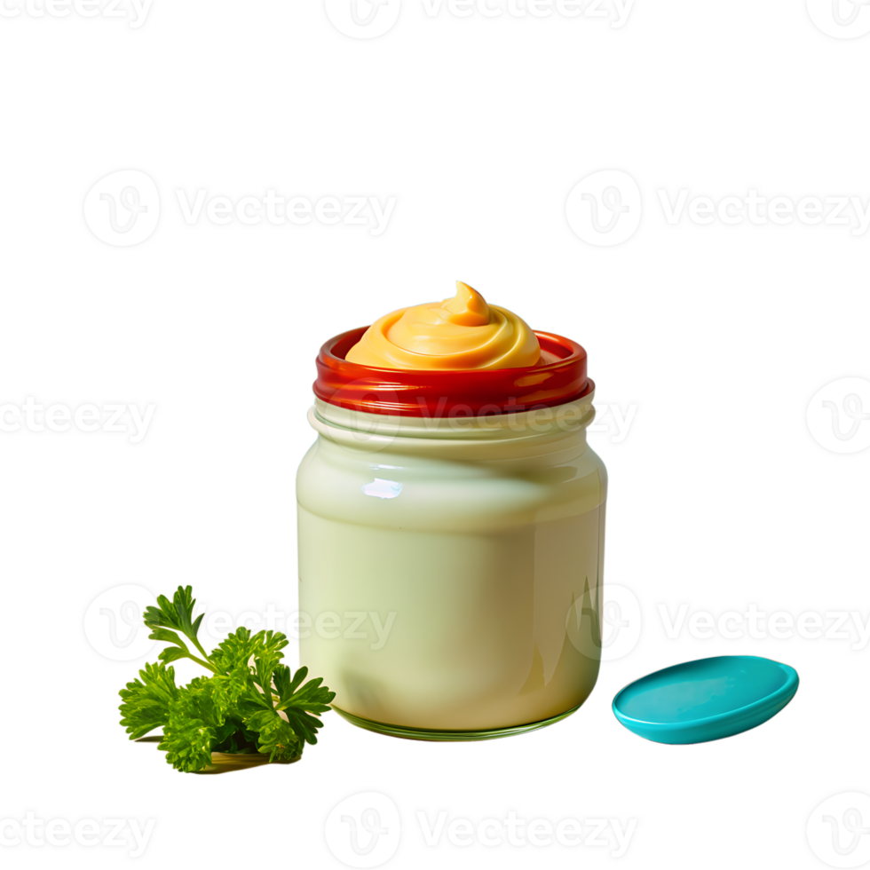 A jar of creamy mayonnaise with parsley garnish and blue lid on white background. png