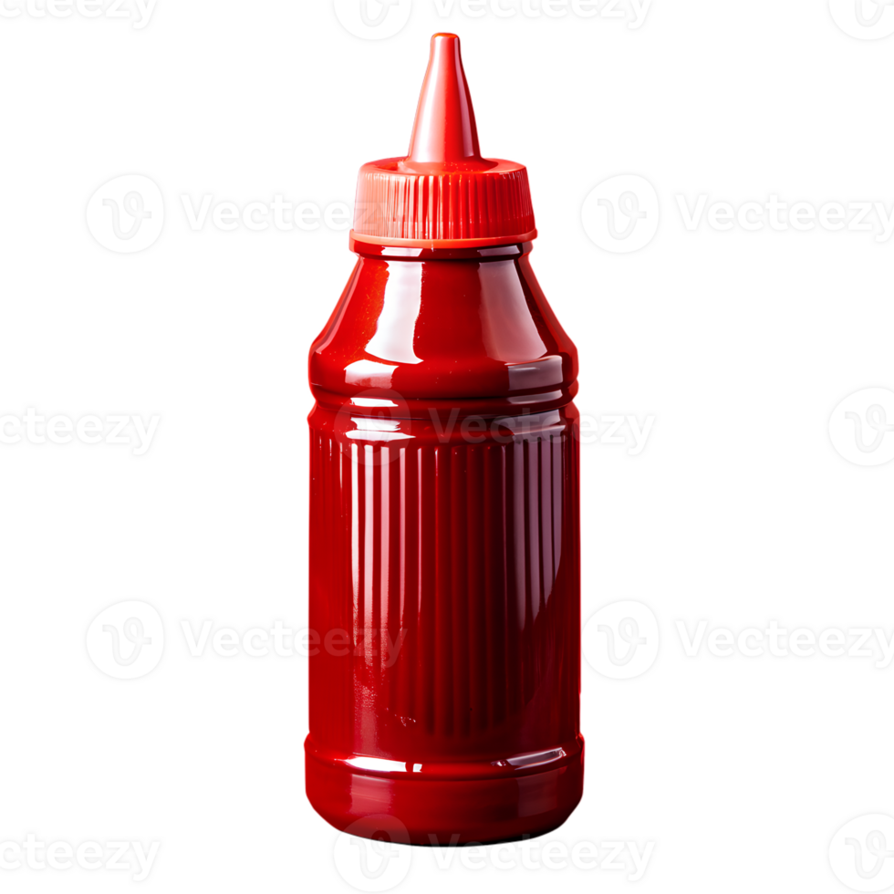 Red squeeze bottle with a ribbed design. Ideal for condiments like ketchup. Isolated on white background shot, perfect for various uses. png