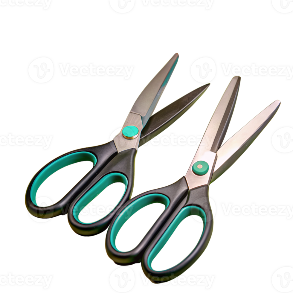 A pair of modern black and green scissors with sharp metallic blades designed for precision cutting, displayed on a white background. png