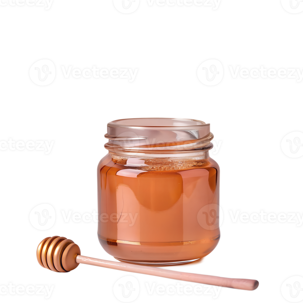 A glass jar filled with golden honey and a wooden honey dipper beside it, isolated on a white background. png