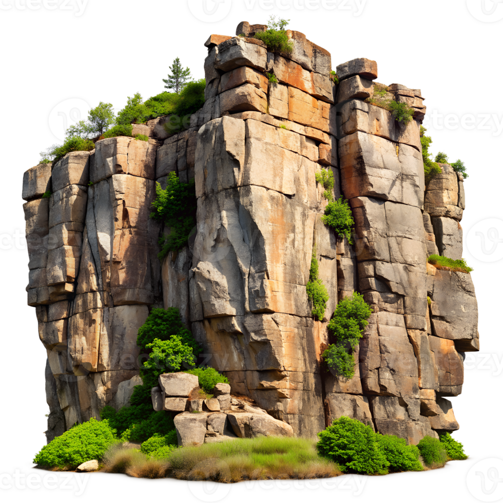 Majestic rock formation with green vegetation on a clear day, highlighting nature's beauty and geological wonders. png