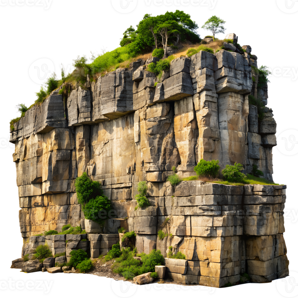 Impressive view of a massive rocky cliff with greenery on top, showcasing natural geological formations in a rugged landscape. png