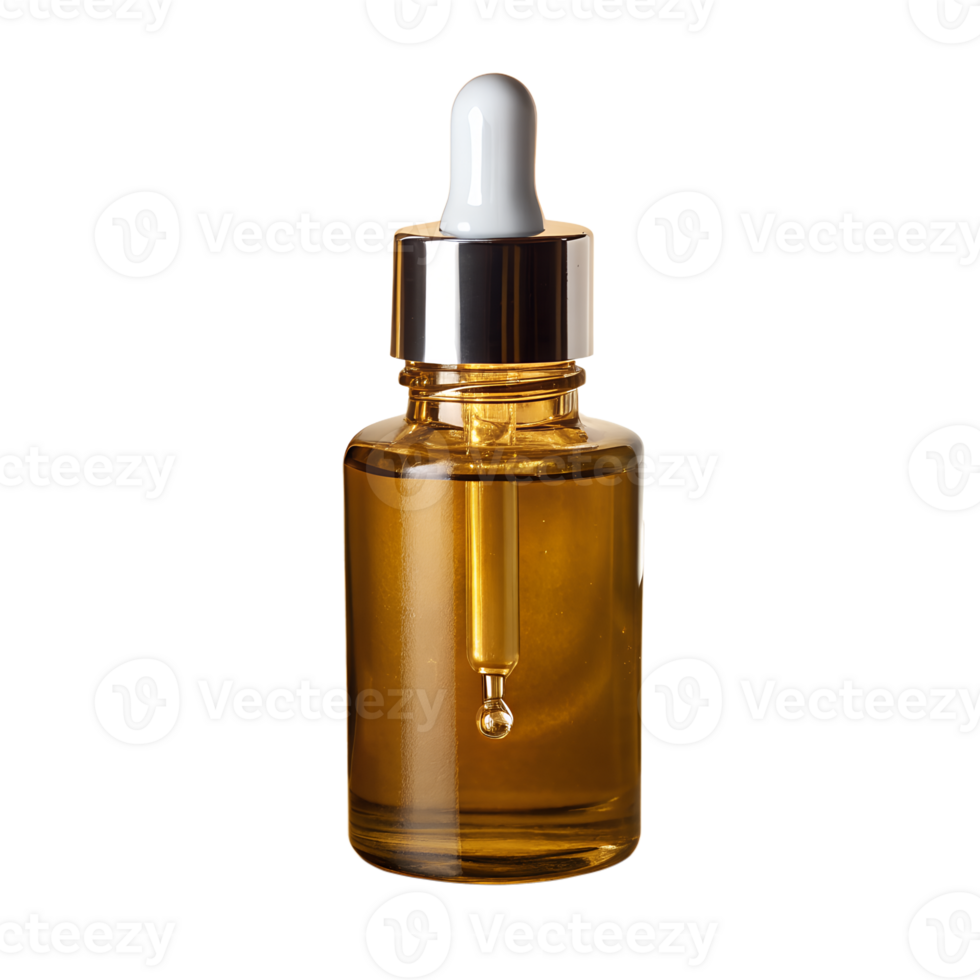Glass dropper bottle filled with amber liquid, perfect for serums, oils, or tinctures, isolated on white background, clear and close-up. png