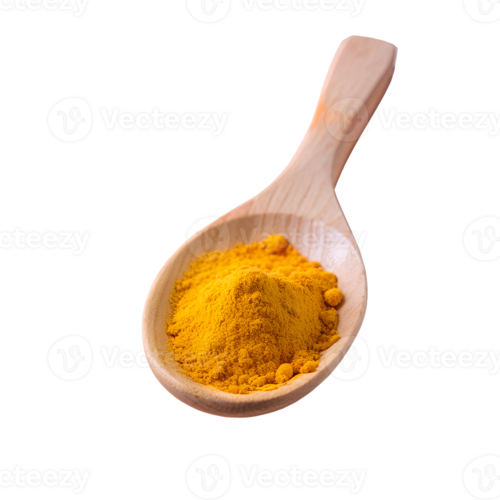 A wooden spoon filled with vibrant turmeric powder, isolated on a white background, perfect for culinary and health-related projects. png