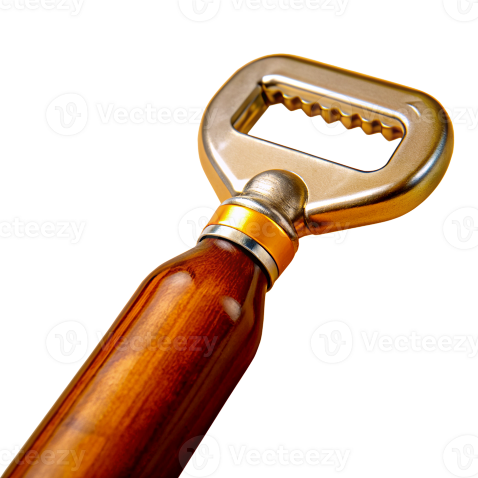 Close-up of a modern metal bottle opener with a polished wooden handle, isolated on a white background png