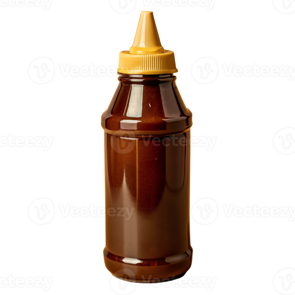 Plastic squeeze bottle filled with brown sauce, perfect for condiments, dressings, or syrups. Isolated on a white background. png