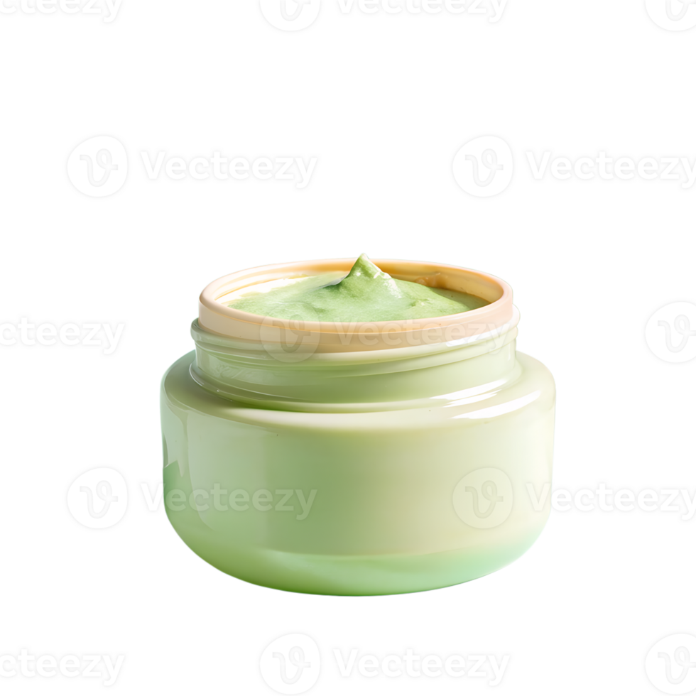 Close-up of an open jar filled with green face cream, showcasing smooth texture, suitable for skincare advertisements and beauty product displays. png