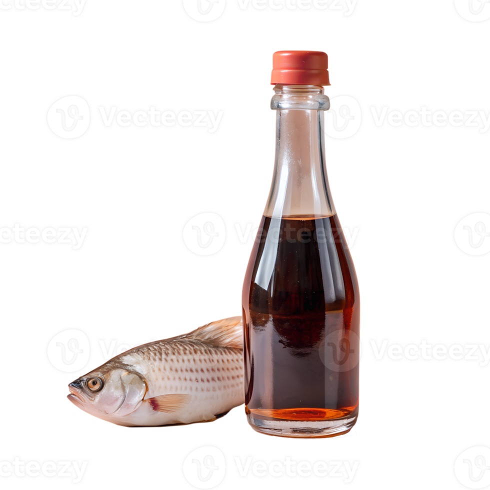 Whole fresh fish beside a bottle of dark sauce on a clean white background, showcasing traditional condiment pairing in cooking. png