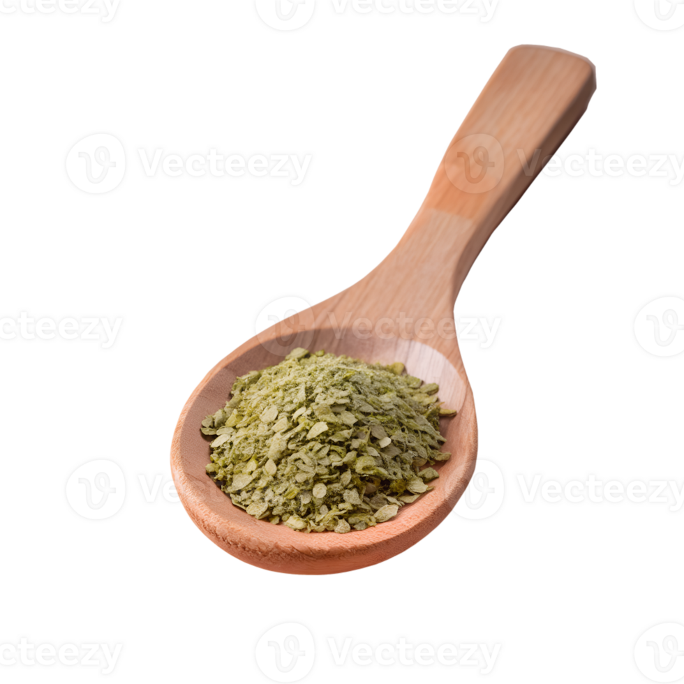 Wooden spoon filled with dried oregano flakes on white background. Perfect image for culinary and food-related projects. png