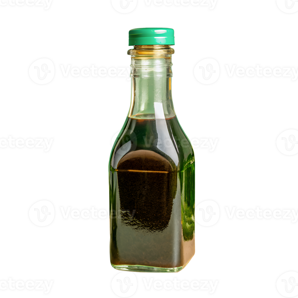 Glass bottle filled with brown liquid, isolated on a white background. Perfect for food, beverage, and culinary projects. png