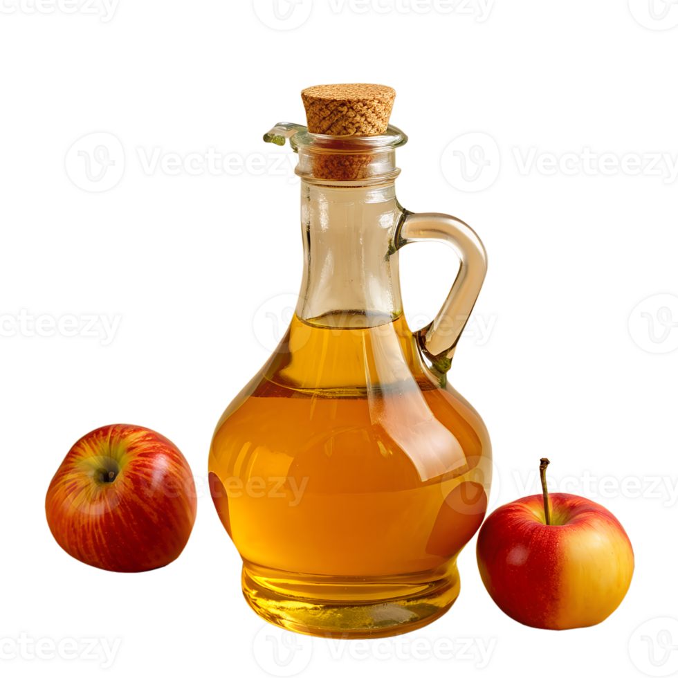 Glass bottle of apple cider vinegar with two fresh apples, isolated on a white background. png