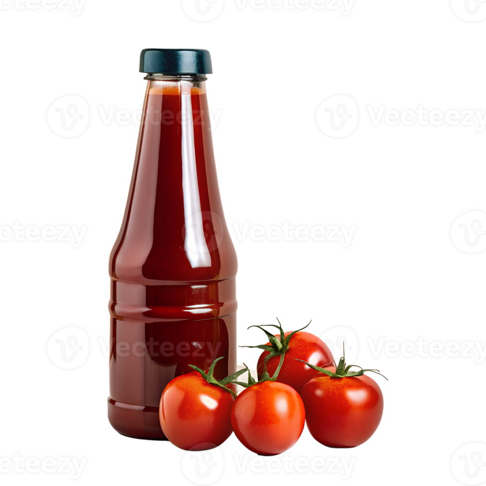 Close-up of a bottle of tomato sauce with fresh tomatoes on a white background, highlighting the natural and fresh ingredients used. png
