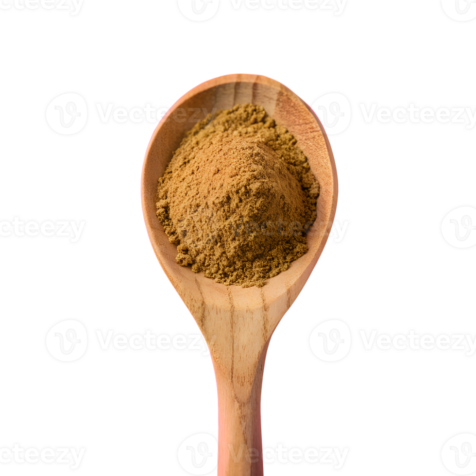 Wooden spoon filled with ground brown spice powder isolated on white background, ideal for culinary and food projects. png