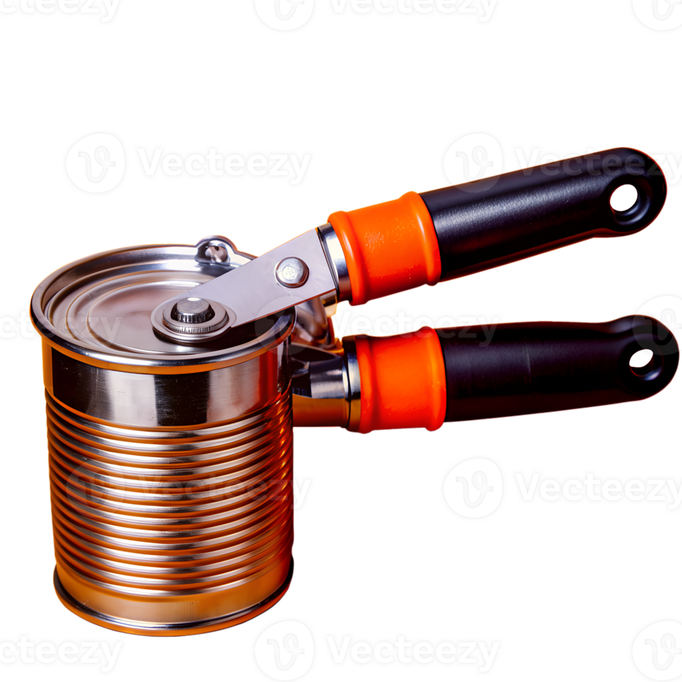 A metal can with an attached can opener featuring black and orange handles, isolated on a white background. png