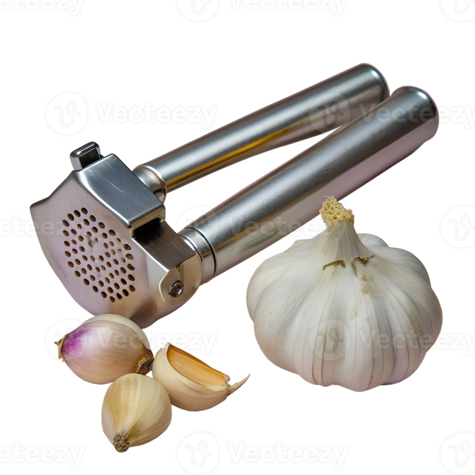 Stainless steel garlic press with fresh garlic cloves, isolated on