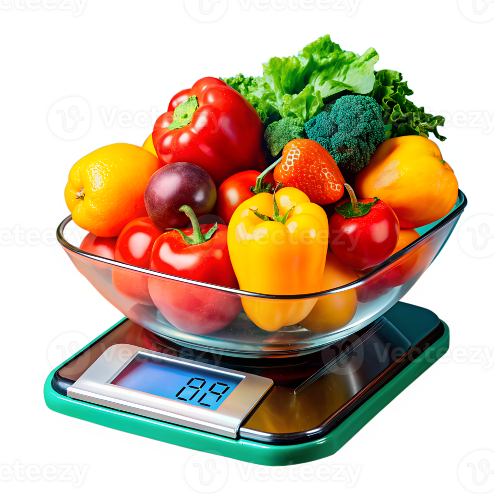 Bowl of fresh vegetables and fruits on digital kitchen scale, including peppers, strawberries, broccoli, oranges, for healthy eating and diet. png