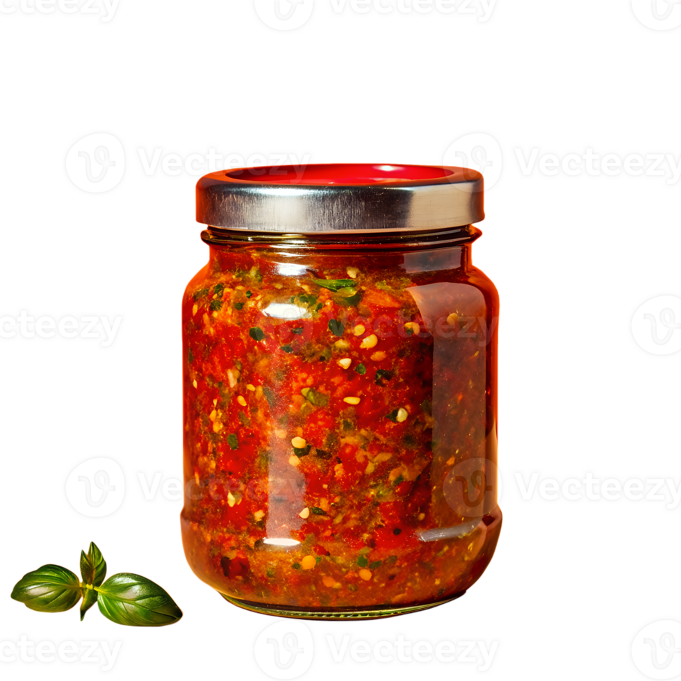 Glass jar of homemade spicy red chili sauce with peppers and herbs. Isolated on white background, perfect for culinary and cooking use. png