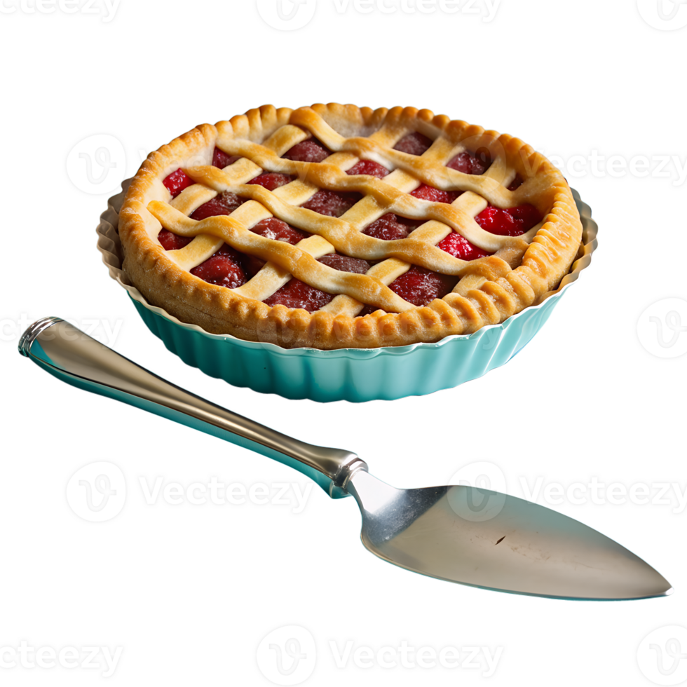 Freshly baked cherry pie in a turquoise dish with a pie server on a white background, perfect for desserts and bakery themed designs. png