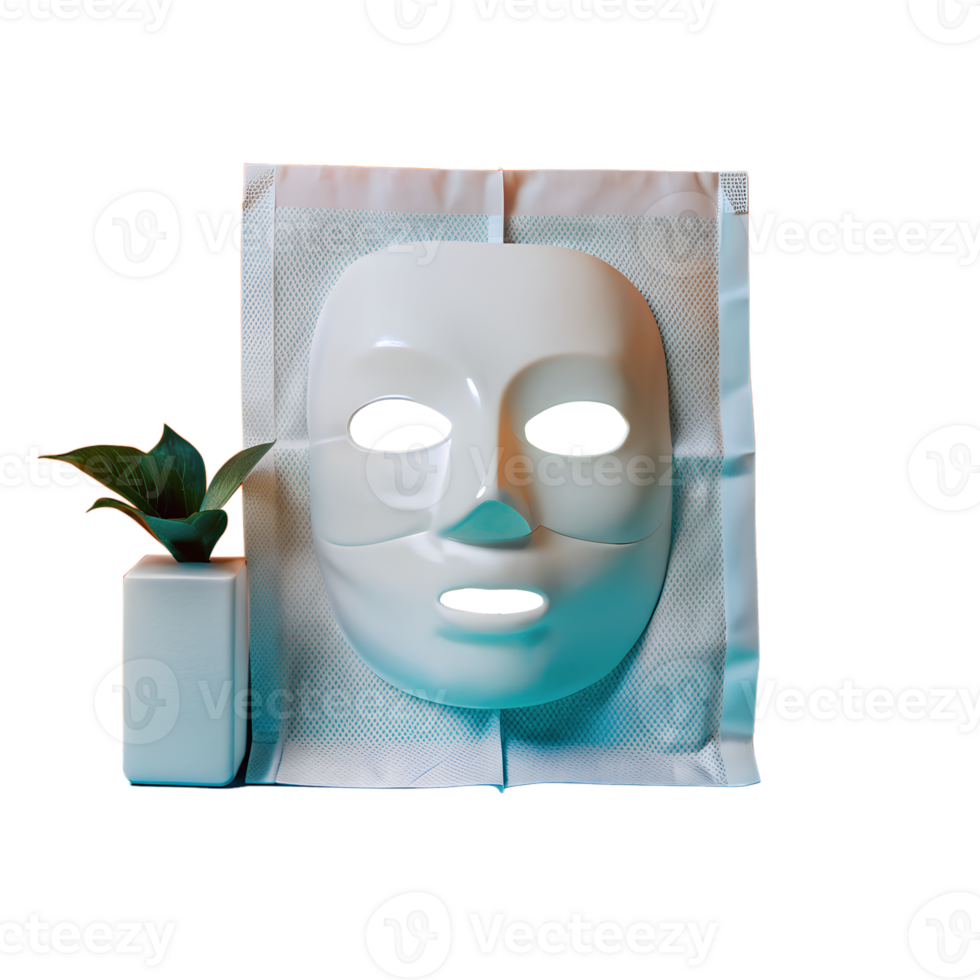 White cosmetic mask on a cloth beside a small potted plant, creating a serene and relaxing ambiance perfect for skincare routines. png
