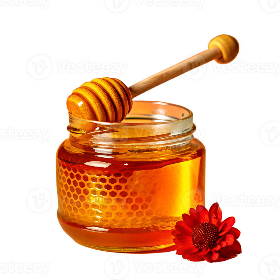 Glass jar filled with golden honey, accompanied by a wooden dipper and a vibrant red flower, showcasing the natural sweetness. png