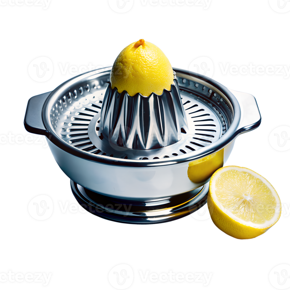Stainless steel lemon juicer with a lemon half. Ideal for extracting fresh juice in kitchens. Convenient and efficient citrus squeezer tool. png
