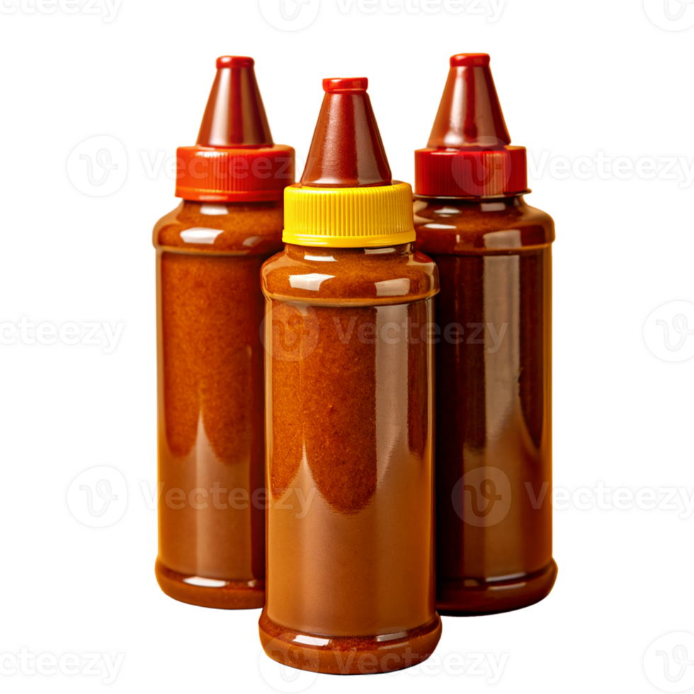 Three orange condiment bottles with different colored caps isolated on a white background, perfect for culinary and cooking contexts. png