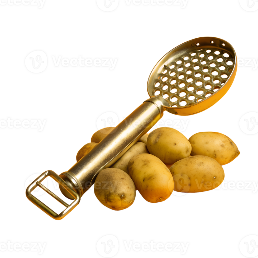 Vintage metal potato masher with several fresh potatoes on a dark golden background, perfect for cooking and kitchen-themed visuals. png