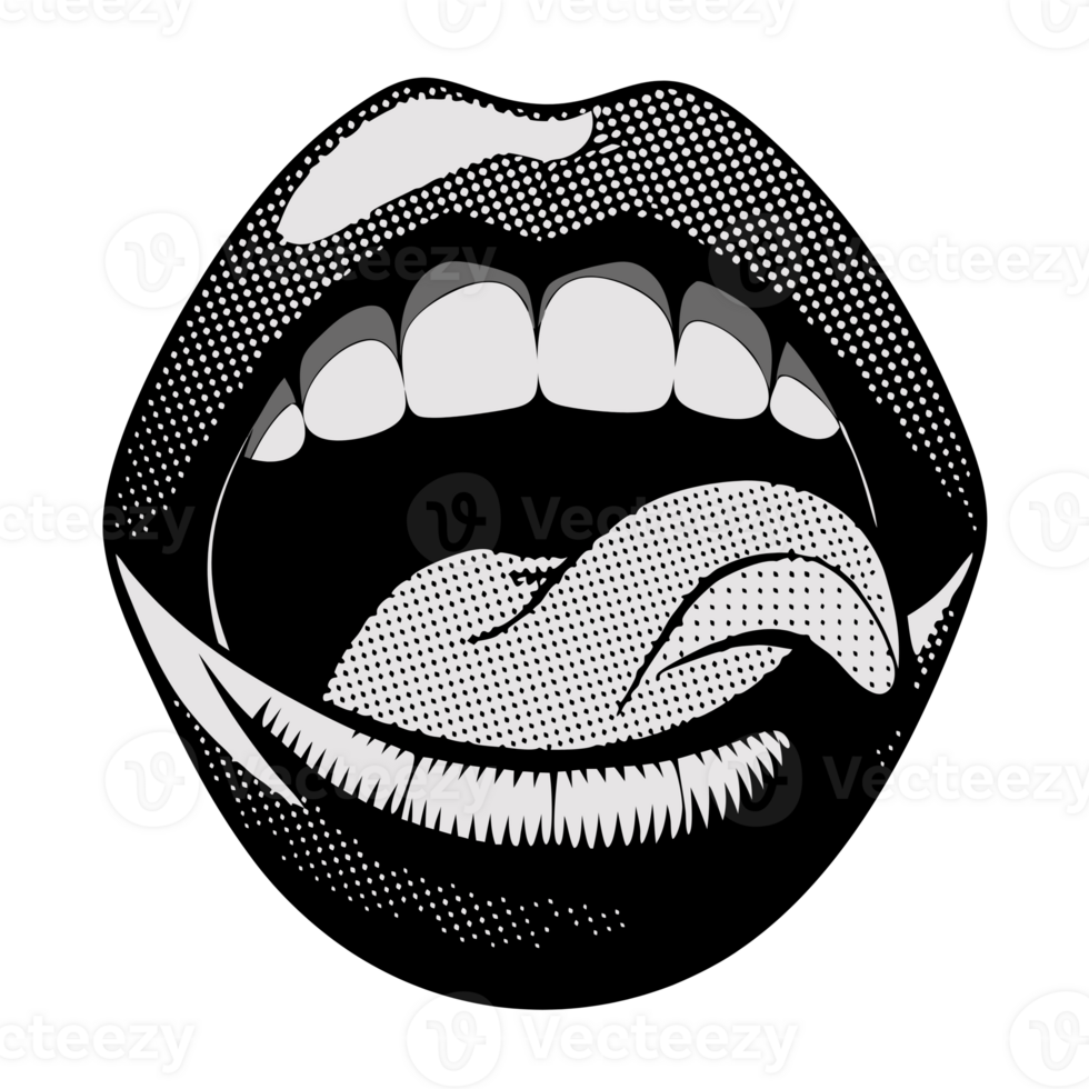 Artistic black and white pop art illustration of a mouth with tongue out. Bold graphic design emphasizing texture and emotion. png