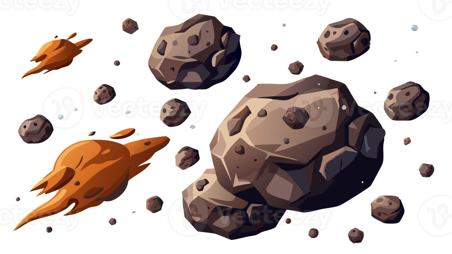 Animated space scene with asteroids and meteorites floating, featuring different sized rocks in a cosmic environment. png