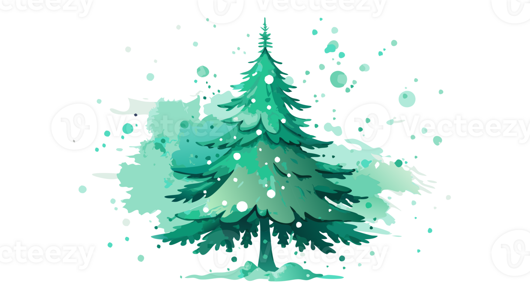 Beautiful digital illustration of a festive Christmas tree decorated with lights and surrounded by a whimsical, snowy backdrop. png