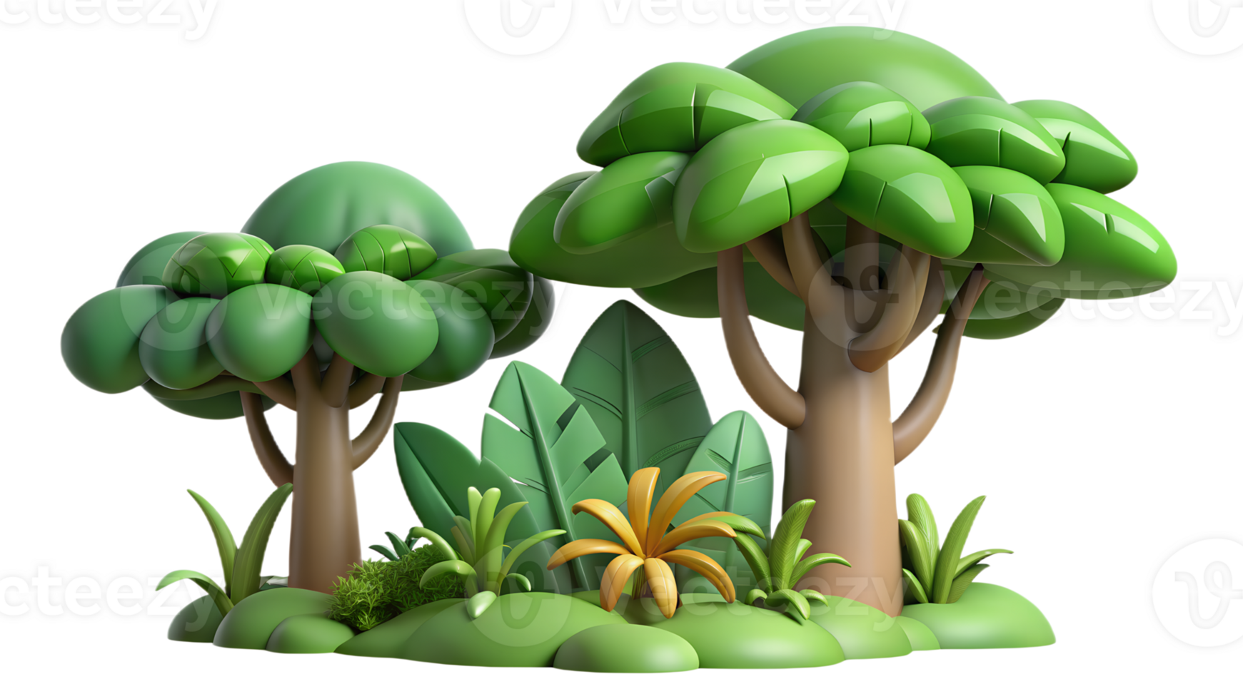 3d cartoon trees and plants on a white background png