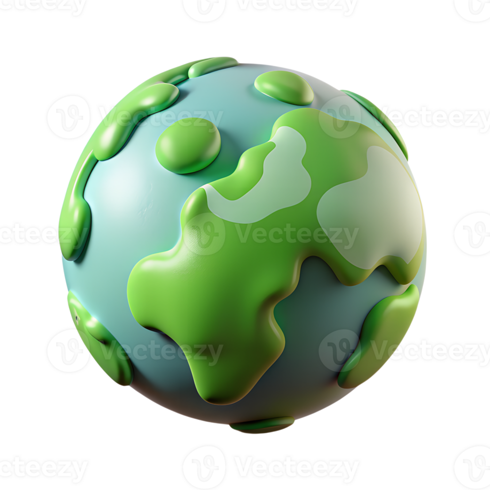 A stylized, 3D-rendered globe with exaggerated landmasses and a glossy finish, representing Earth. png