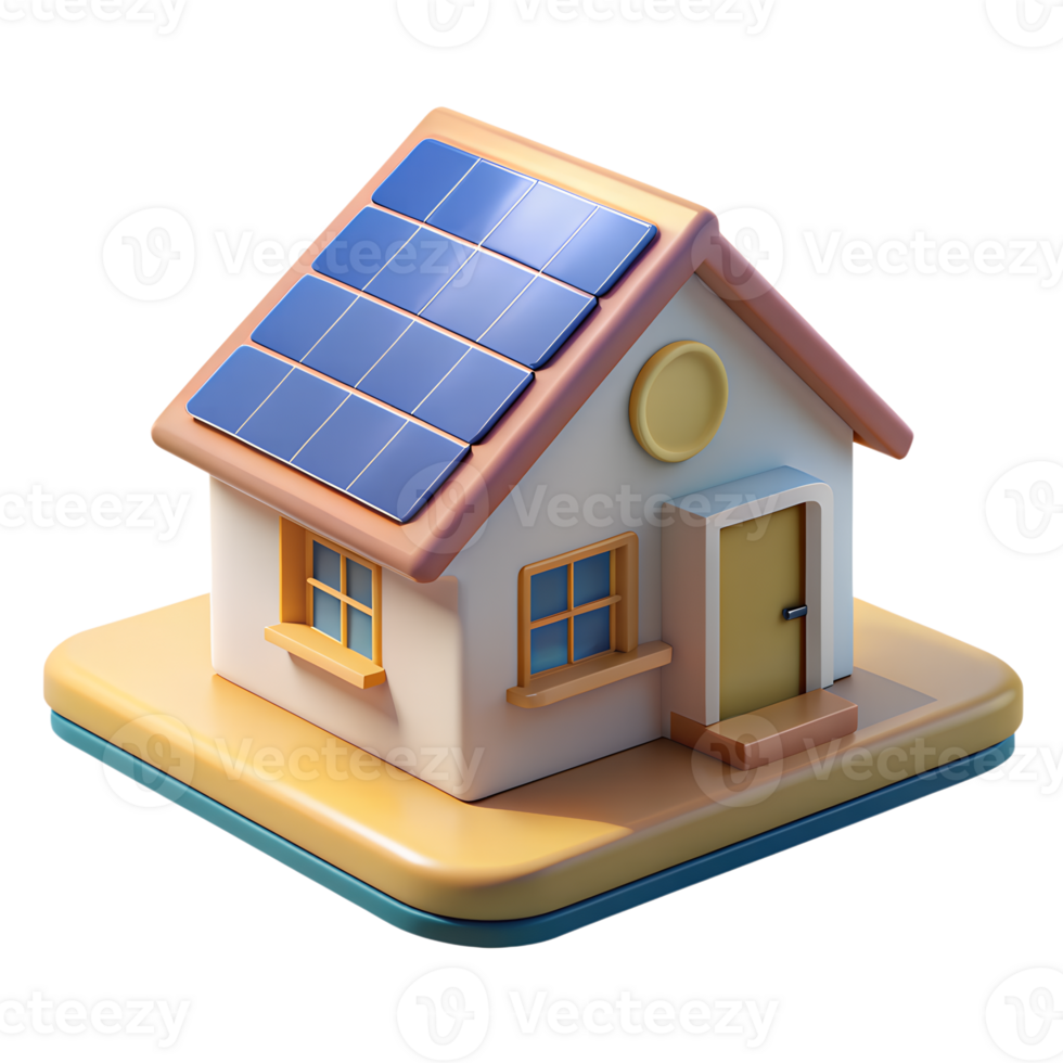 3D icon of a house with solar panels on the roof, symbolizing renewable energy and sustainable living on a white background. png