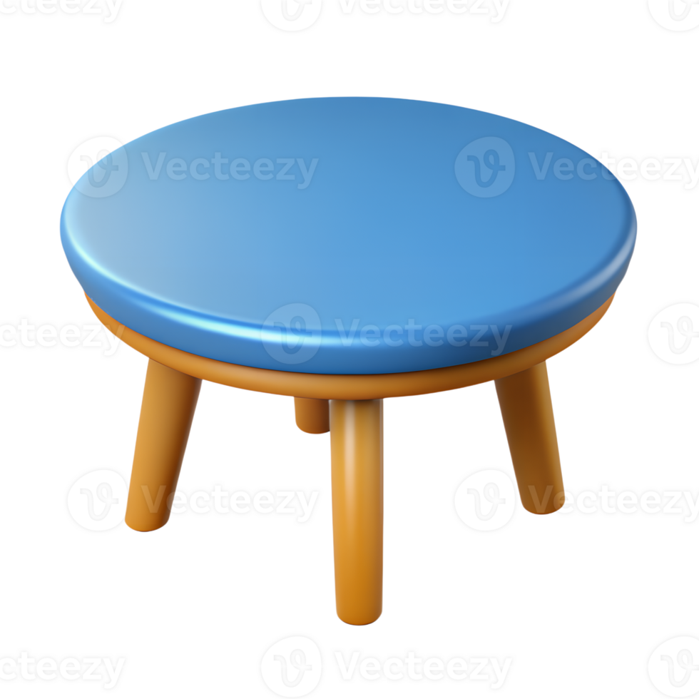 3D rendered image of a small, round, blue tabletop with four brown wooden legs, perfect for interior design projects and furniture illustrations. png