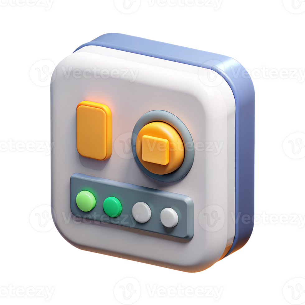 3D rendered icon of a stylized interface with buttons and knobs, representing digital technology and user interface elements. png