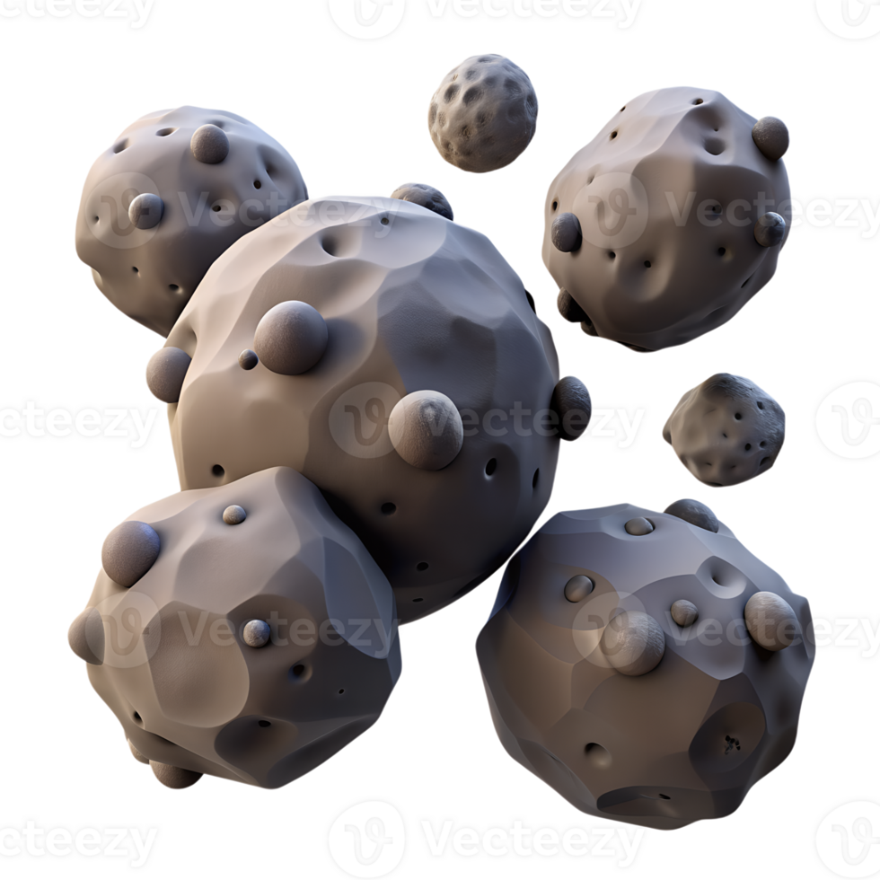 3D render of a group of abstract, spherical objects with crater-like surfaces, floating against a transparent background. png