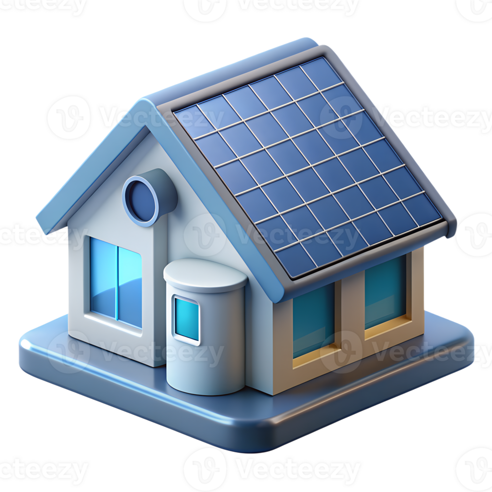 3D illustration of an energy-efficient house with solar panels and modern design, representing renewable energy and sustainable living. png
