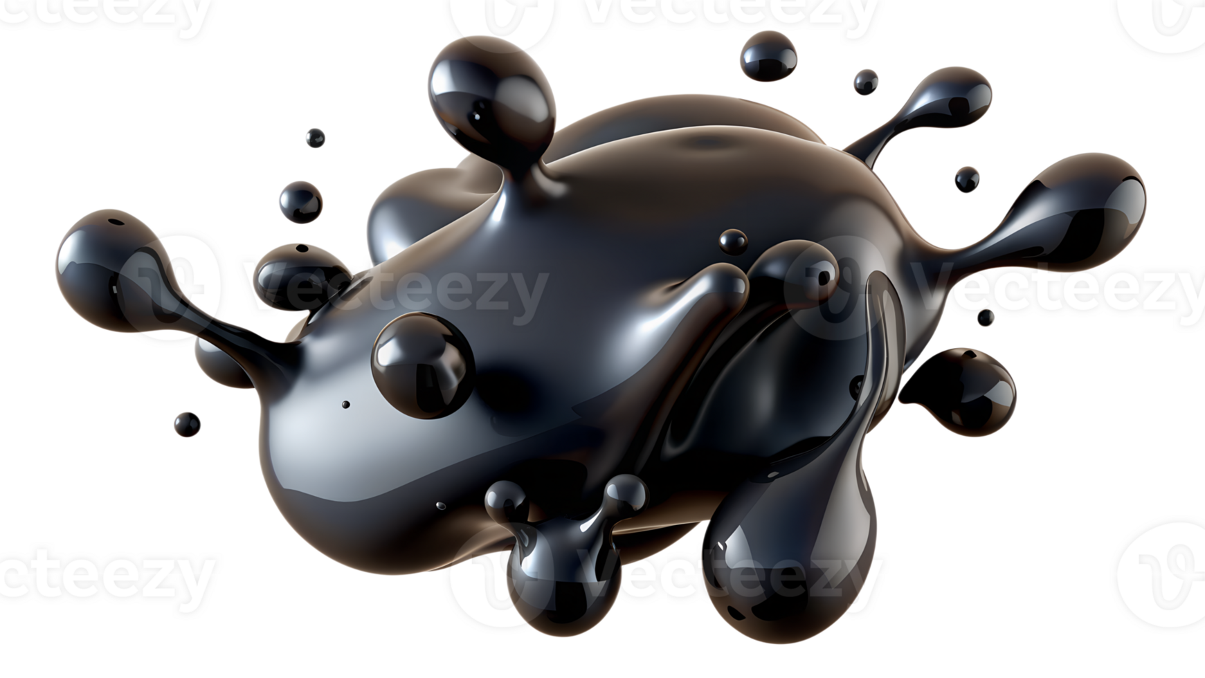Abstract black liquid splash isolated on white background. 3D rendering, fluid art concept, dynamic motion illustration. png