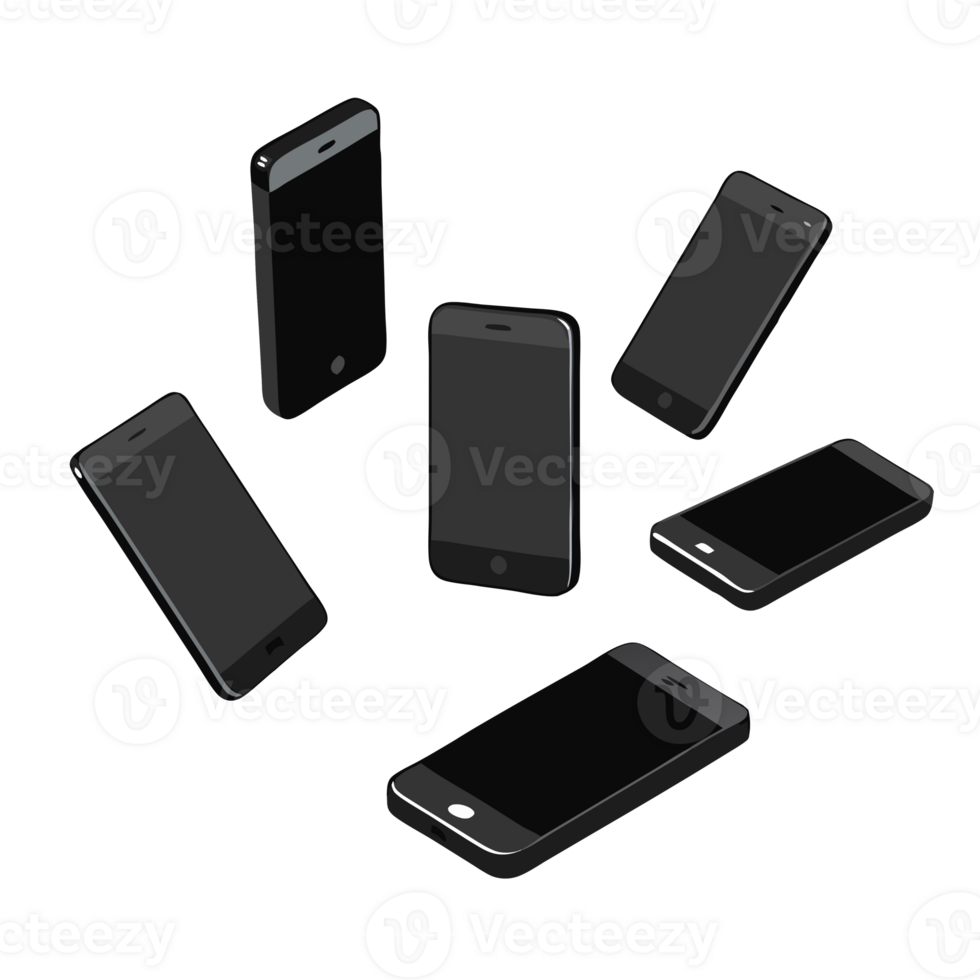 Collection of black smartphones arranged in a circle on a black background, illustrating modern mobile technology and communication. png