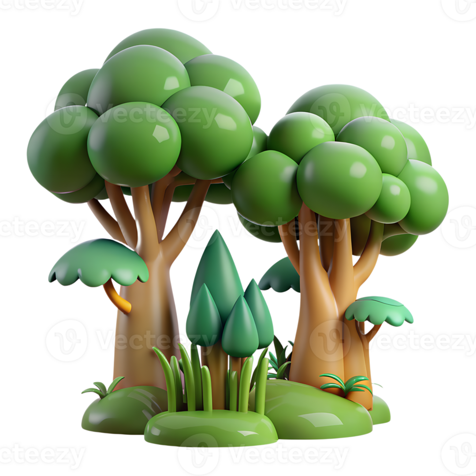3D illustration of vibrant and colorful cartoon trees in a forest setting, suitable for animations and children's projects. png