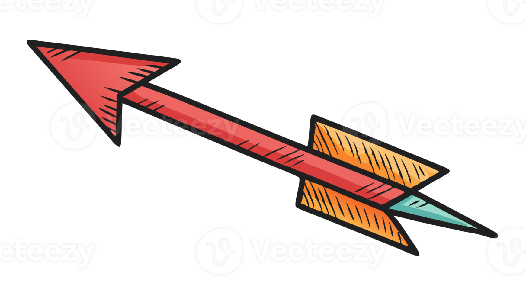 Colorful hand-drawn illustration of an arrow with orange and yellow fletching, and a red pointed tip, isolated on a white background. png