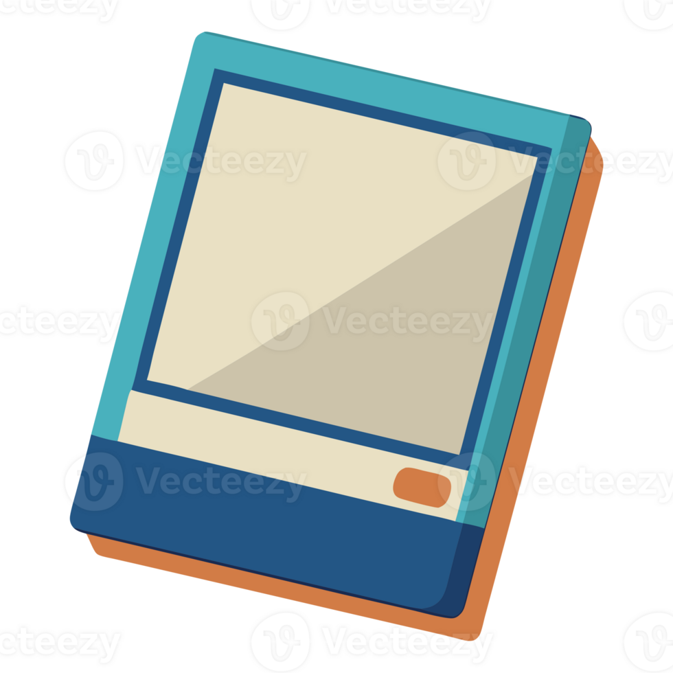 Illustration of a retro electronic device with a blue and orange frame, depicting a vintage tech gadget with a simple design. png